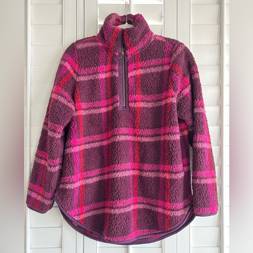 TERRA & SKY Pink Plaid Long Sleeve 3/4 Front Zipper Sherpa/Fleece Pullover OX